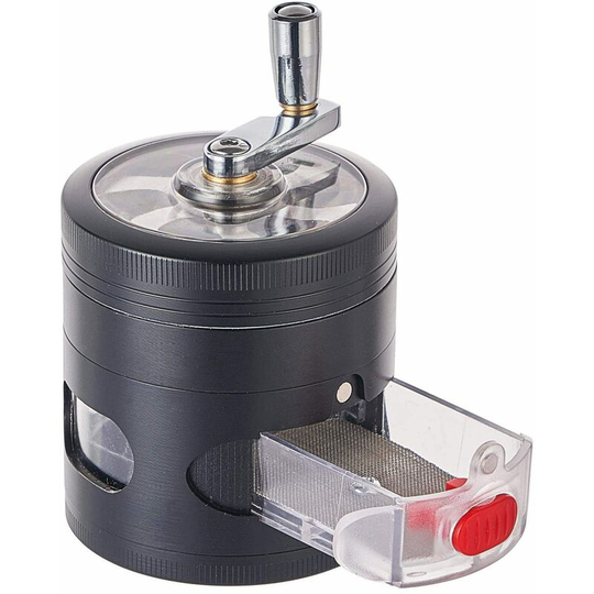Manual metal spice grinder with pollen catcher and drawer, black