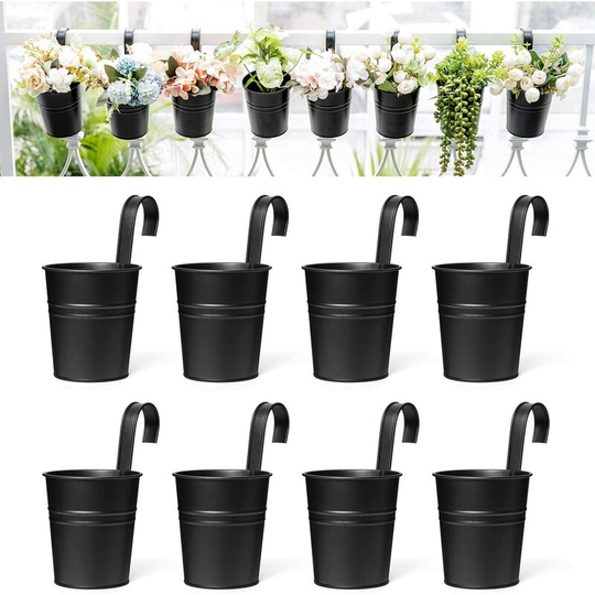 8 Pcs Hanging Flower Pots Metal Iron Bucket Planter for Railing Fence Balcony Garden Home Decoration Flower Holders with Detachable Hooks, Black, 4