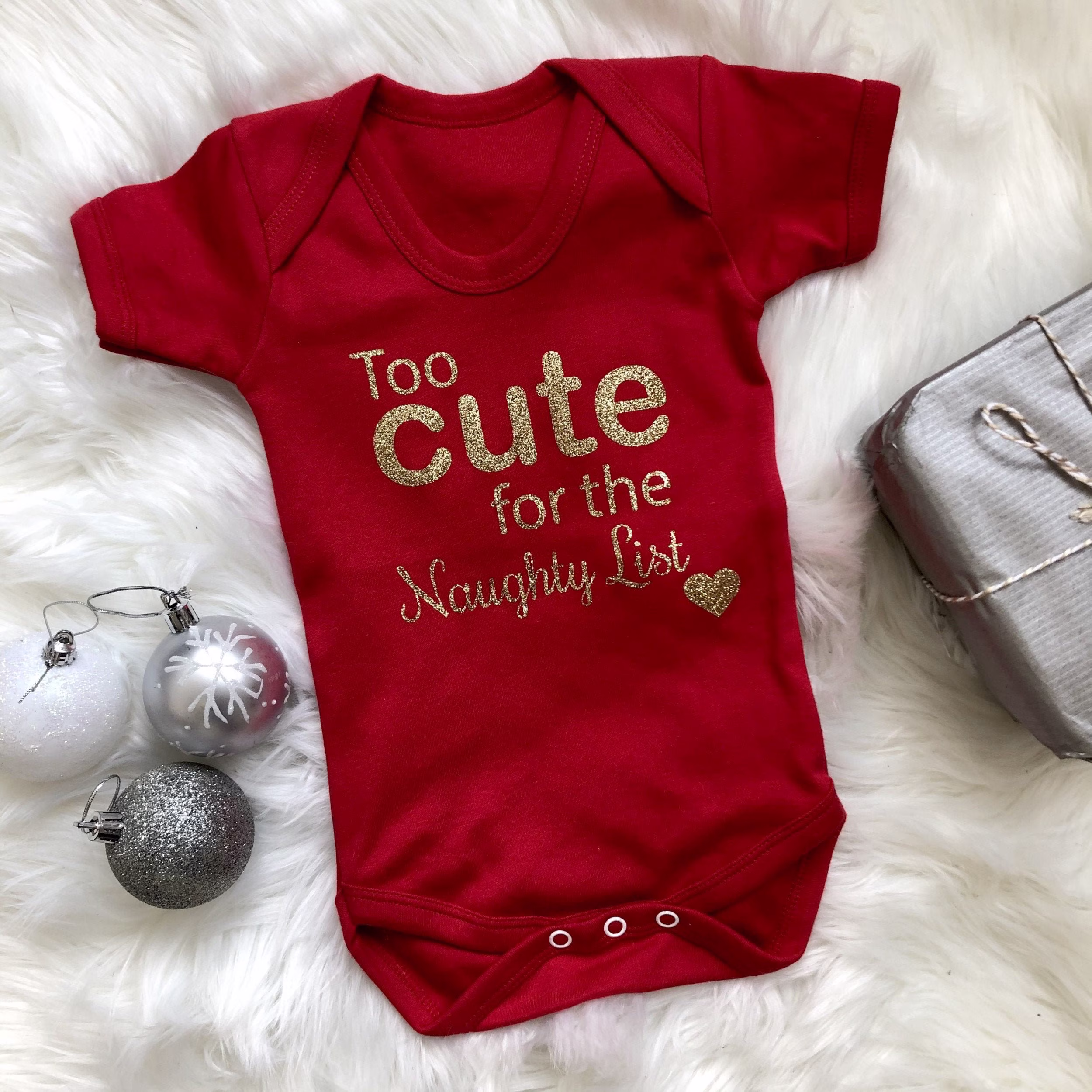 Babies Christmas Outfit, Too Cute For The Naughty List Gold Glitter, Red Short Sleeve Romper, Keepsake Newborn Gift, Festive Season