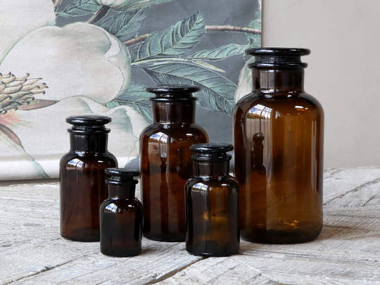 Apothecary Glass Jars With Lids | Set Of 5 Amber Brown Pharmacy Bottles Vintage Style Wedding Decor Table Centrepieces
