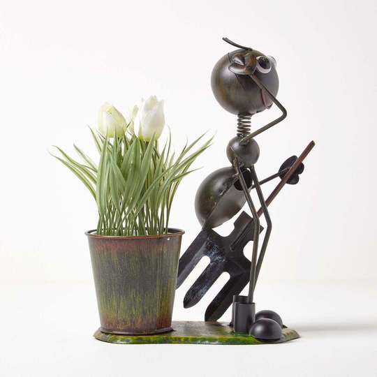 Metal Ant with Garden Fork and Flower Pot, 32 cm Tall - Black and Green - Homescapes