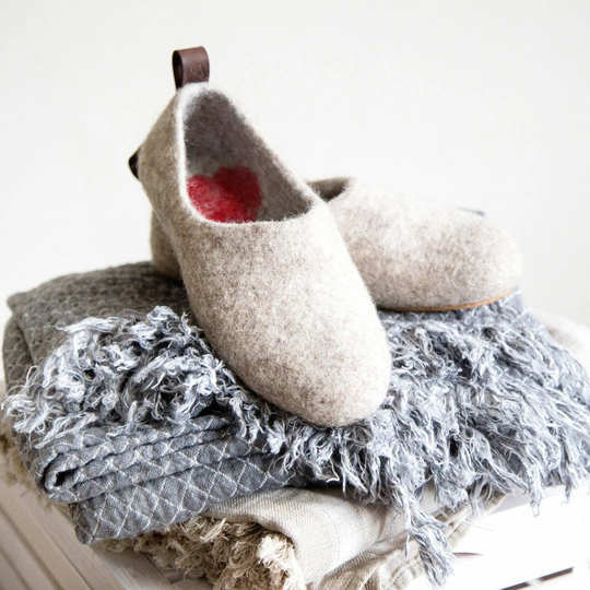 Felted Warmest Love Clogs, Felt Organic Merino Wool Neutral Beige Grey Felted Slippers