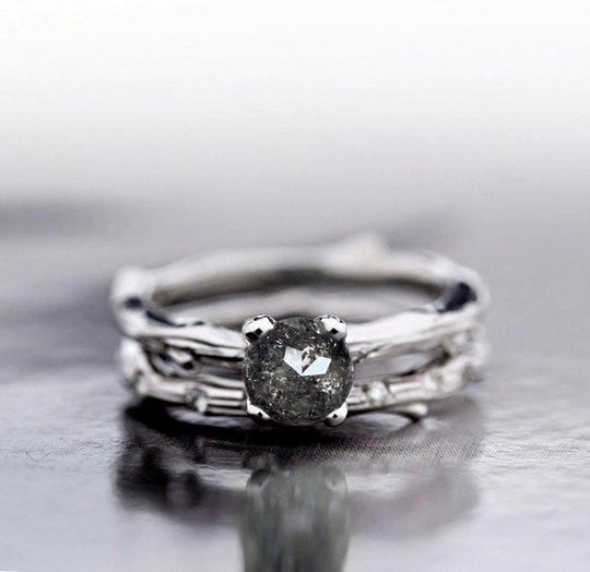 6mm Salt & Pepper Diamond Featuring Engagement Ring | Round Diamond Wedding Band Bridal Promise Set