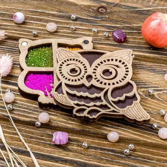 Wood Bead Organizer Tray With Wooden Lid "Owl