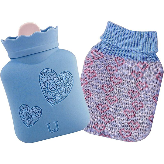 Hot Water Bottle with Cover, Silicone Hot Water Bag for Pain Relief, Cramps, Back, Neck, Feet, Menstrual Cramps (Blue, Short)