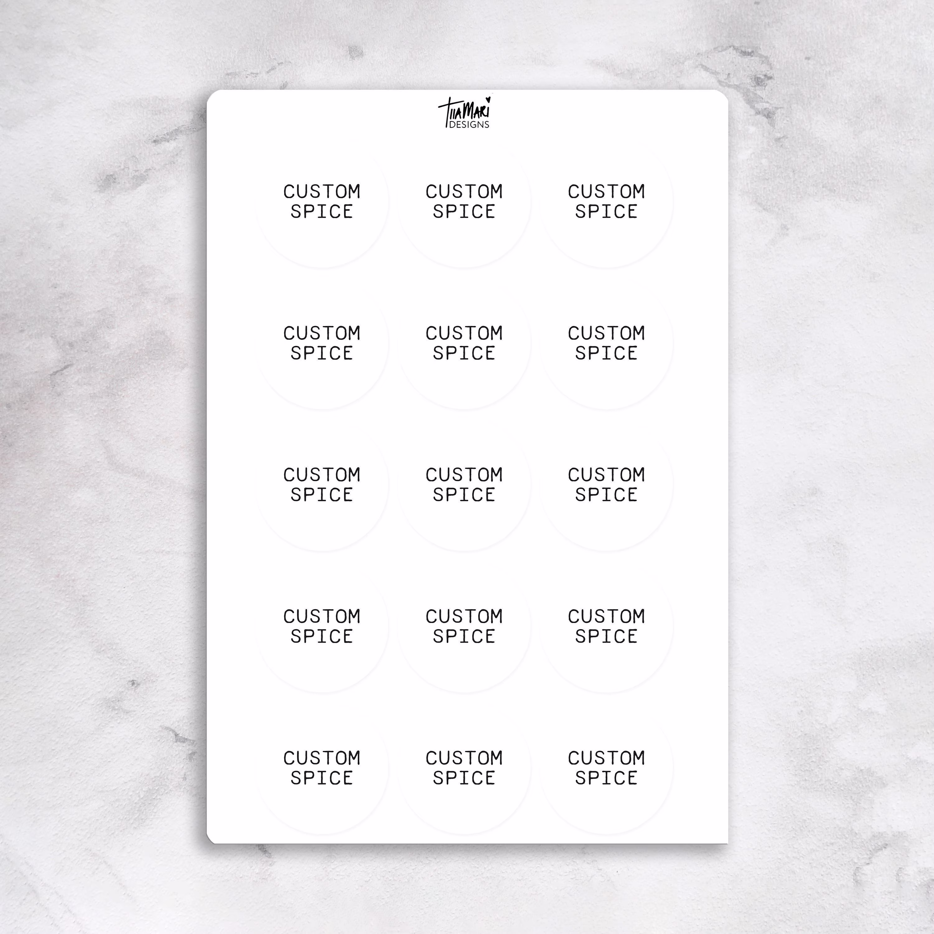 Custom Minimalist Round Spice Jar Labels | Black Or Foil Clear White Sticker Sheet 15 Per Waterproof