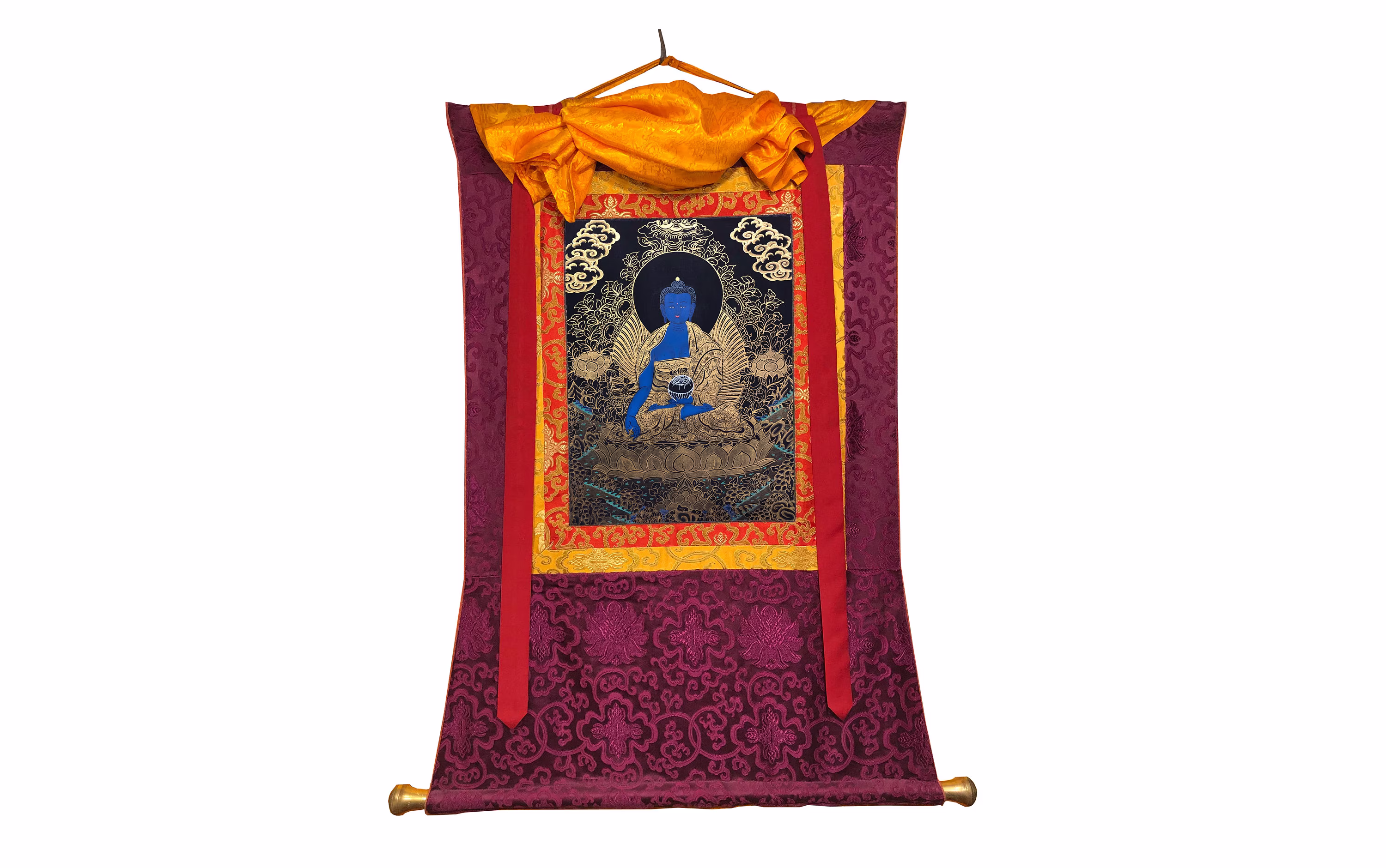Silk Brocade Medicine Buddha Thangka, Black & Gold Healing Buddha, Fine Himalayan Art, For Home Decoration Shrine
