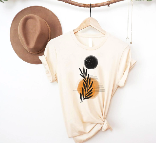 Sun Shirt, Boho Tee Shirt, Organic Floral Tee, Moon T-Shirt, Sunrise Minimalistic Sunset Modern Original Art Shirt