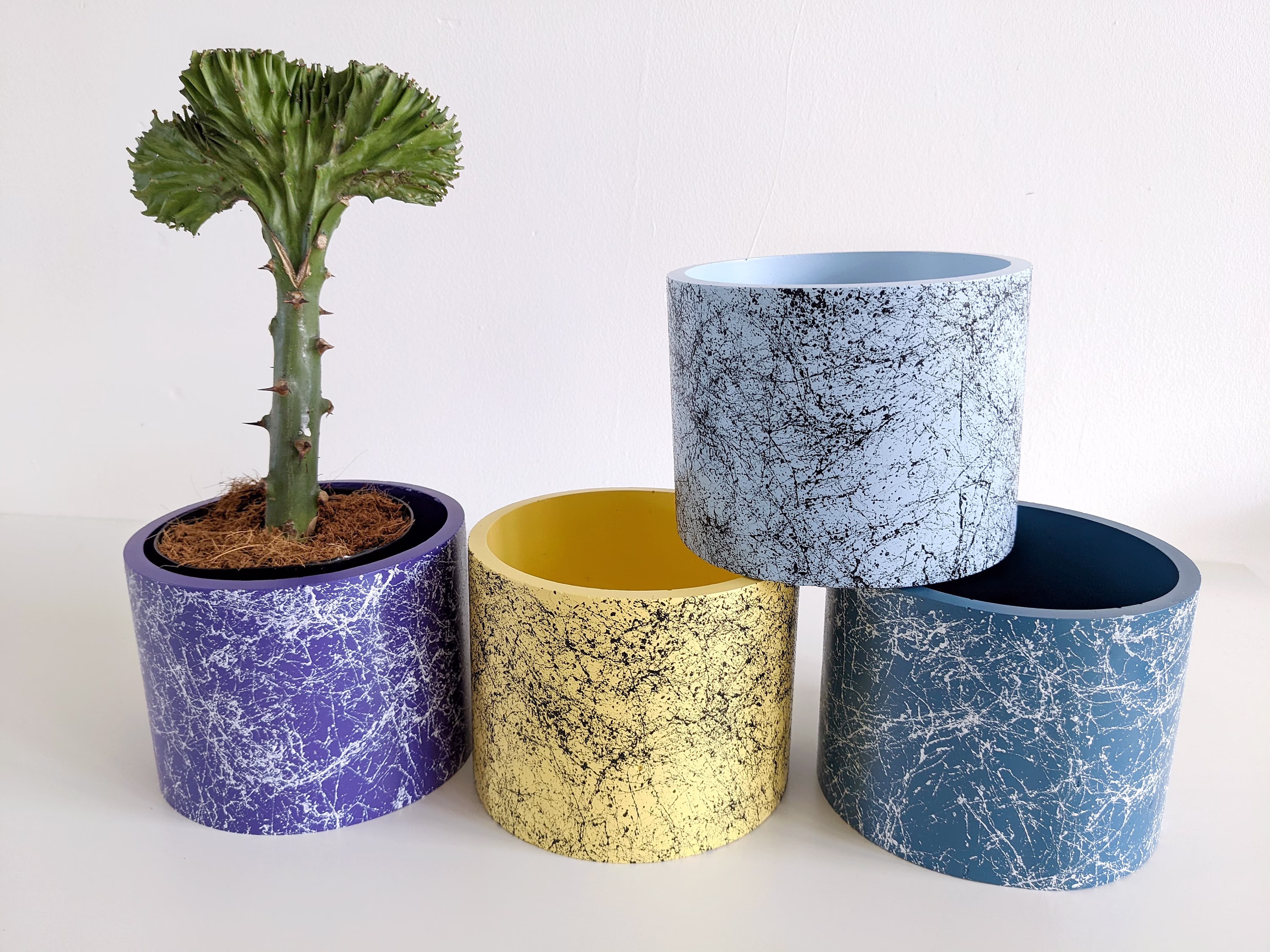 Concrete Plant Pot, Indoor Planter, 13cm Abstract Colourful Hand-Painted & Handmade