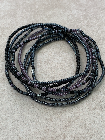 11/0 Gunmetal Rock Tiny Stretch Seed Bead Bracelet Set, Black, Grey, Gunmetal, Ashen Purple Luster Stackable Set