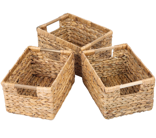 Natural Water Hyacinth Storage Basket With Handle, Rectangular Wicker Basket For Organizing, 3 Pack Medium Decorative Living Room