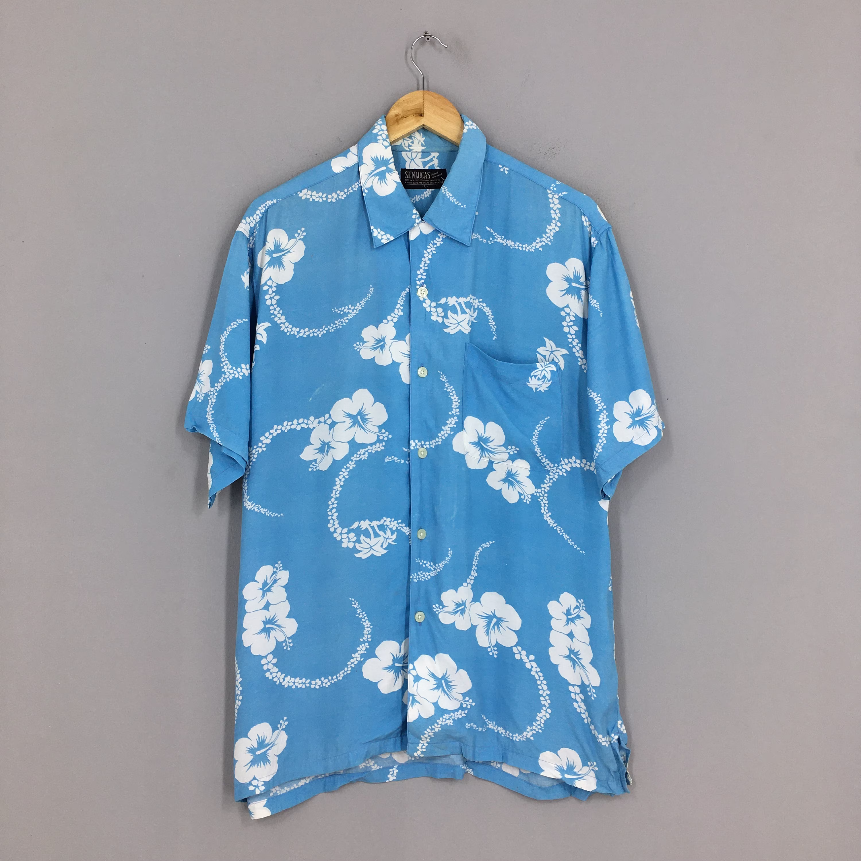 Vintage 90S Hibiscus Flower Beach Wear Hawaii Blue Shirt Large Hawaiian Summer Aloha Beachwear Rayon Oxfords Size L