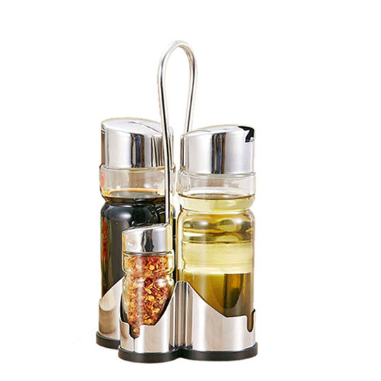 Seasoning Bottle Set Condiment Holder Seasoning Rack Four-in-One Oil Vinegar Dispensers Salt Pepper Shakers Glass Cruet Set