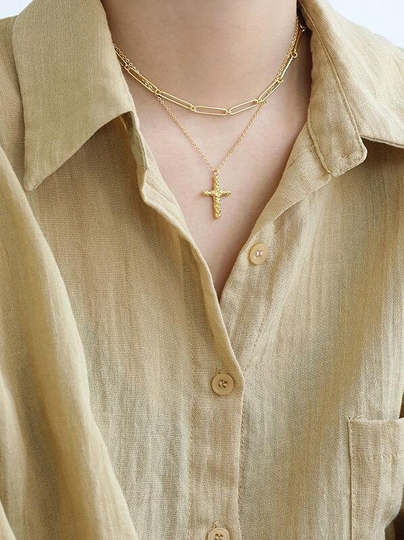 Noah Gold Cross Necklace Organic Texture Pendant Necklace 925 Sterling Silver Layered Womens Jewelry Gift 18K 14K Goth Gothic Punk Grunge