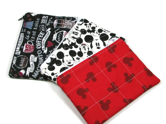 Quilted Zipper Pouch Bag Handmade Mickey Mouse Coffe Cosmetic Medicine Birthday Coworker Gift
