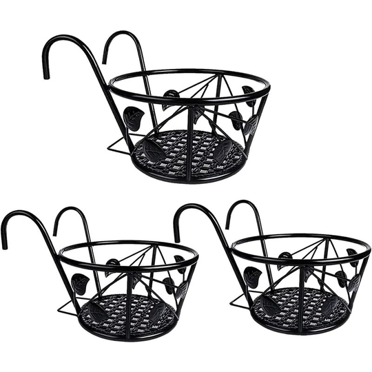 Benobbykids - Plant Pot Holder, Iron Art Hanging Baskets Plant Holder, with Hooks, 3 pcs Railing Flower Pot Holder for Fence Pots for Garden Balcony