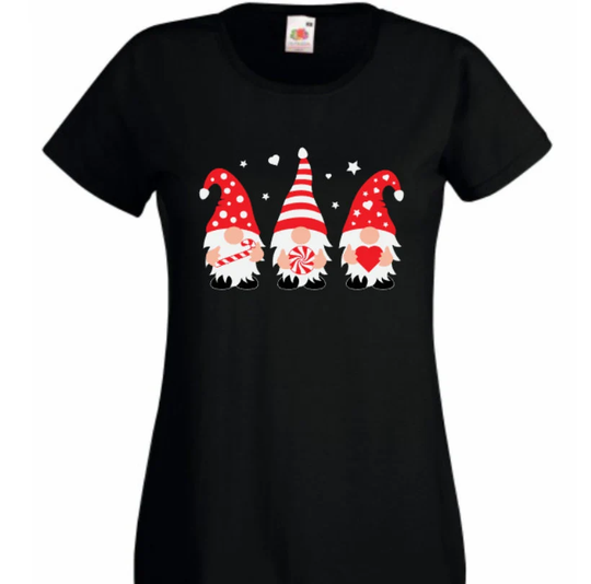 Christmas Candy Gnome Gonk Black T Shirt Ladies Women Top Gnomes Xmas Tee Women's Seasonal