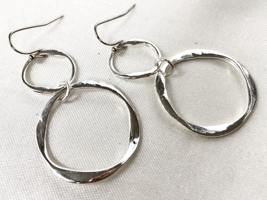 80S Minimalist Organic Sculptured Silver Plated Double Hoop Earrings, Modernist Dainty Hoops, Statement Earrings, For Pierced Ears, Nos