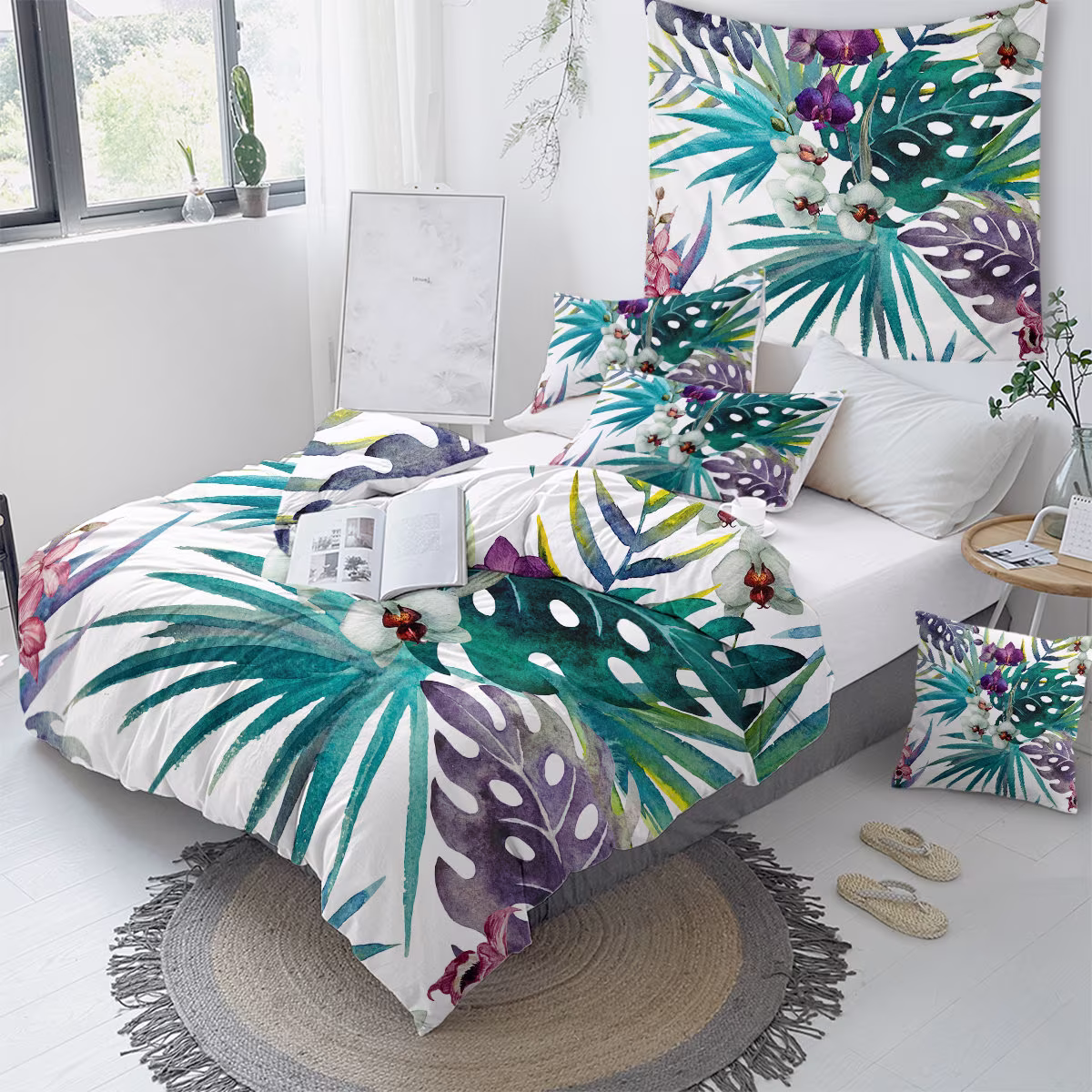 Tropical Orchids Duvet Cover Comforter Quilt Hawaiian Flowers Palm Tree Leaves King Queen Full Twin Size Bedding Set