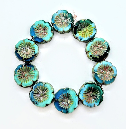 14mm Hawaiian Hibiscus Flower Beads Pacific Blue W/Picasso Finish