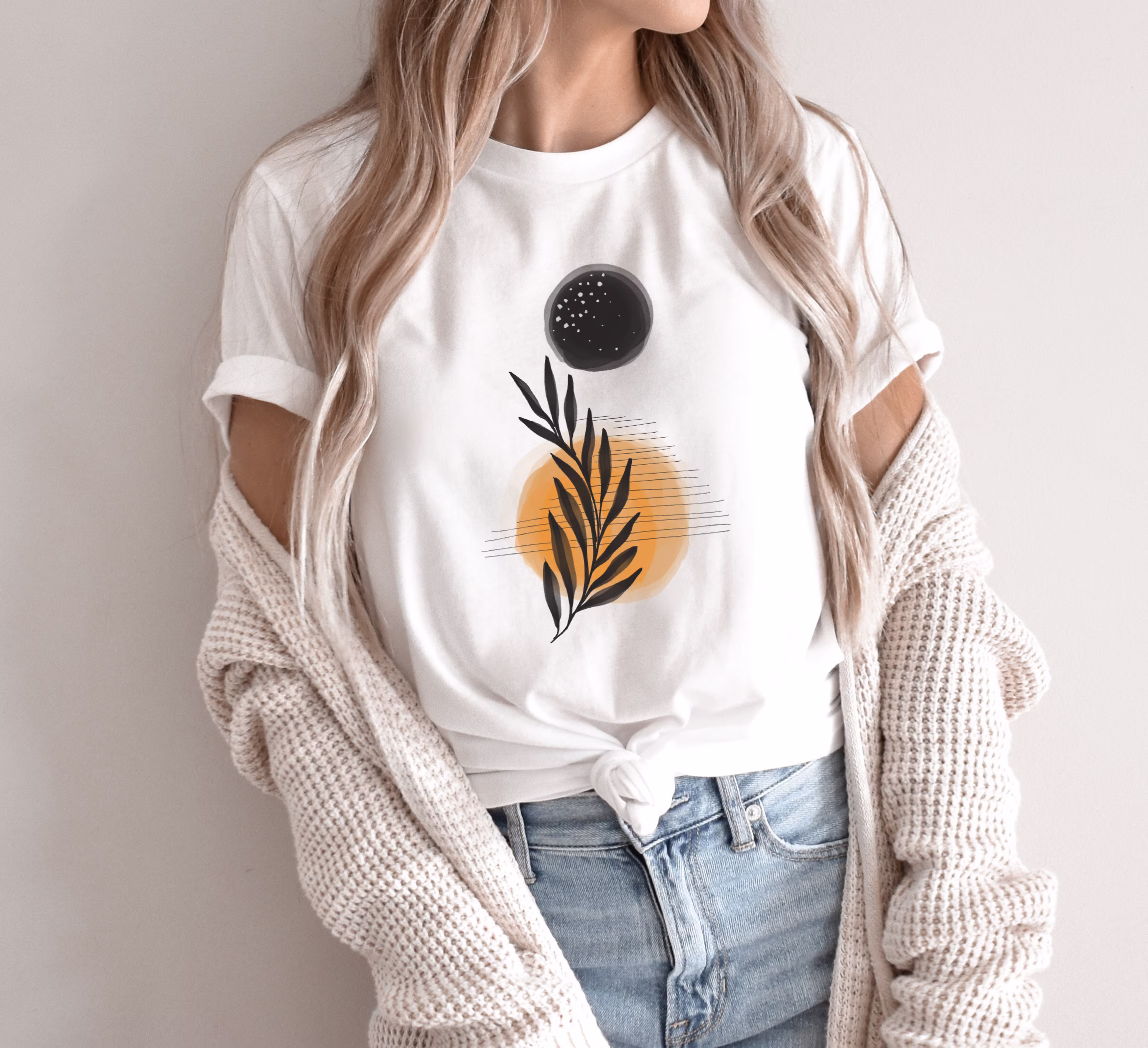Boho Tee Shirt, Organic Floral Tee, Sun Moon T-Shirt, Sunrise Minimalistic Sunset Modern Original Art