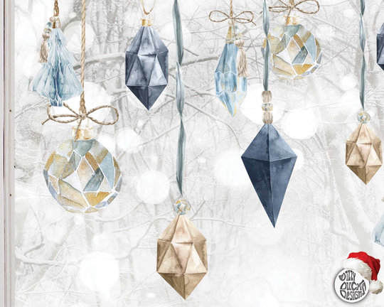 10X Boho Christmas Bauble Window Decal Clings - Gold Blue Watercolour Xmas Stickers Reusable Seasonal Décor By Dizzy Duck