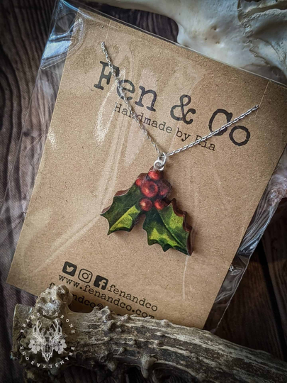 Holly Necklace | Wood & Silver Plate Eco-Friendly Cottagecore Familiar Spirit Devotional Jewellery For Witches, Pagans & Cunningfolk