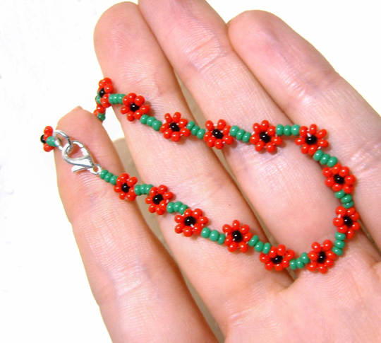 Poppy Bracelet Red Daisy Bracelet, Seed Bead Floral UK Seller