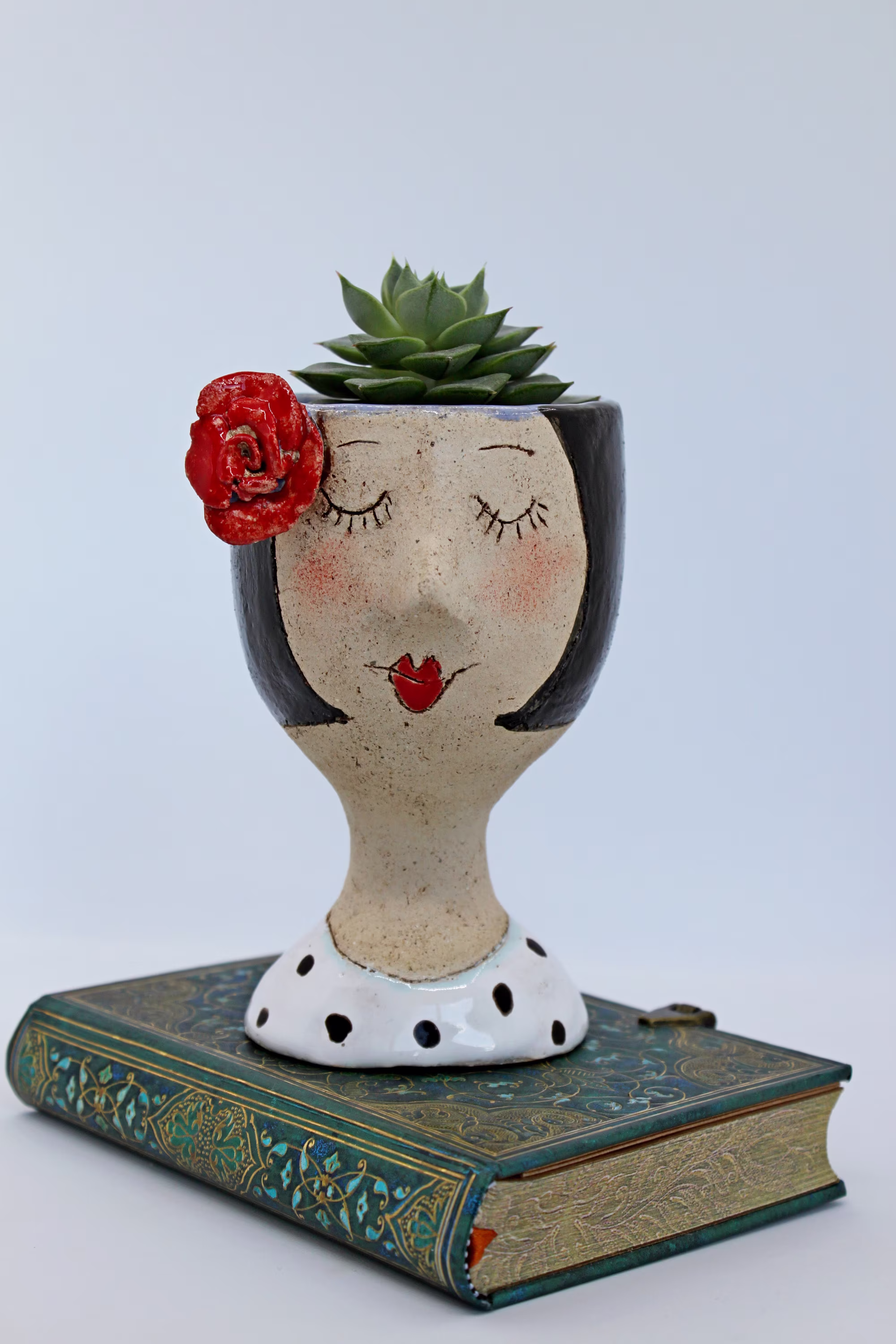 Lady Head Mini Pot, Ceramic Succulent Face Planter, Unique Flower Plant Retro Lady Modern Interior Black & White