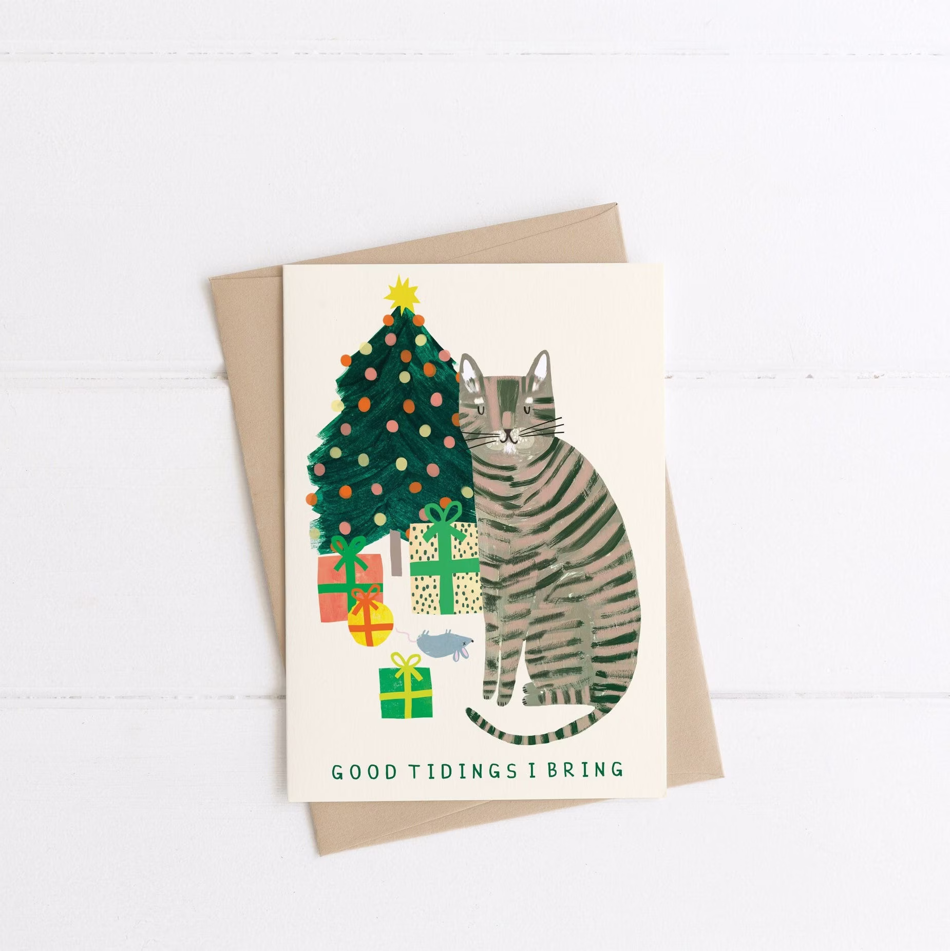 Funny Cat Christmas Card | Good Tidings Xmas Naughty Merry Seasons Greeting Eco-Friendly Recycled Hand Painted