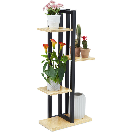 Metal Flower Stand, 4-Tier Indoor Pot Shelf Ladder, Wooden Look, 93 x 42.5 x 22.5 cm, Plant Rack, Light Brown - Relaxdays