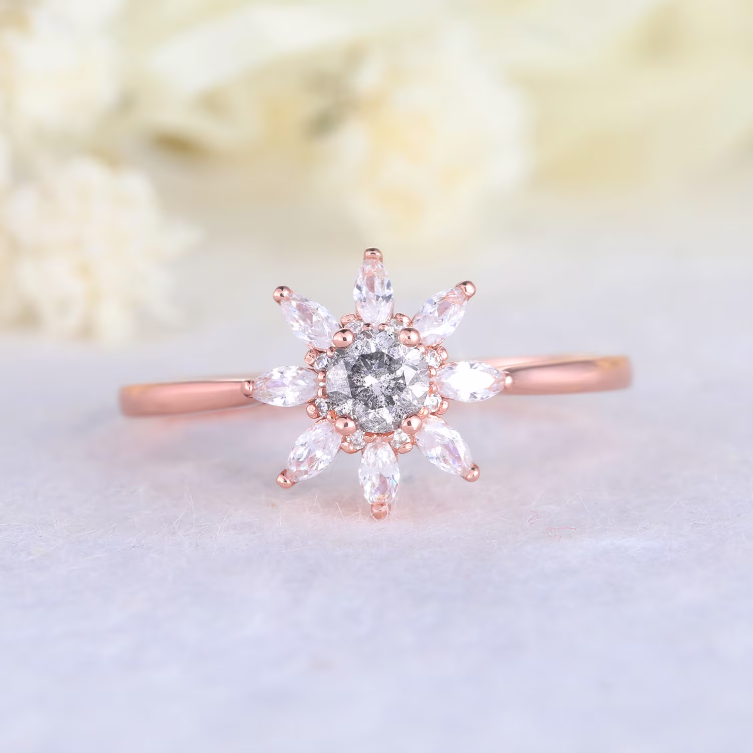 Art Deco Rose Gold Salt & Pepper Diamond Women Engagement Ring Flower Halo Wedding Sterling Silver 14K Bridal Promise Anniversary Gift