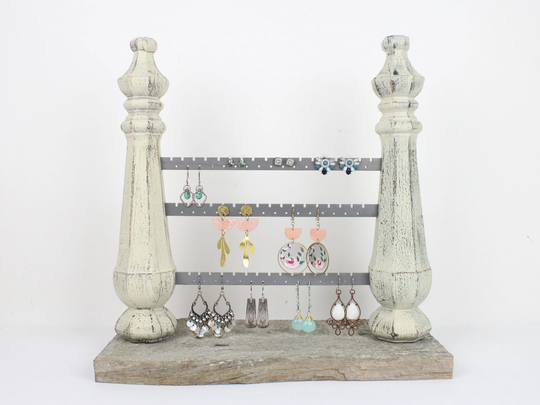 Standing Wood Earring Holder, Tabletop Jewelry Display Stand, Reclaimed Barn Organizer, Vintage Spindle, Gray Rustic Farmhouse