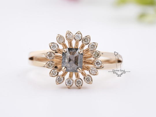 Salt & Pepper Diamond Ring | 14Kt Rose Gold Flower Design Unique Engagement Cushion Wedding