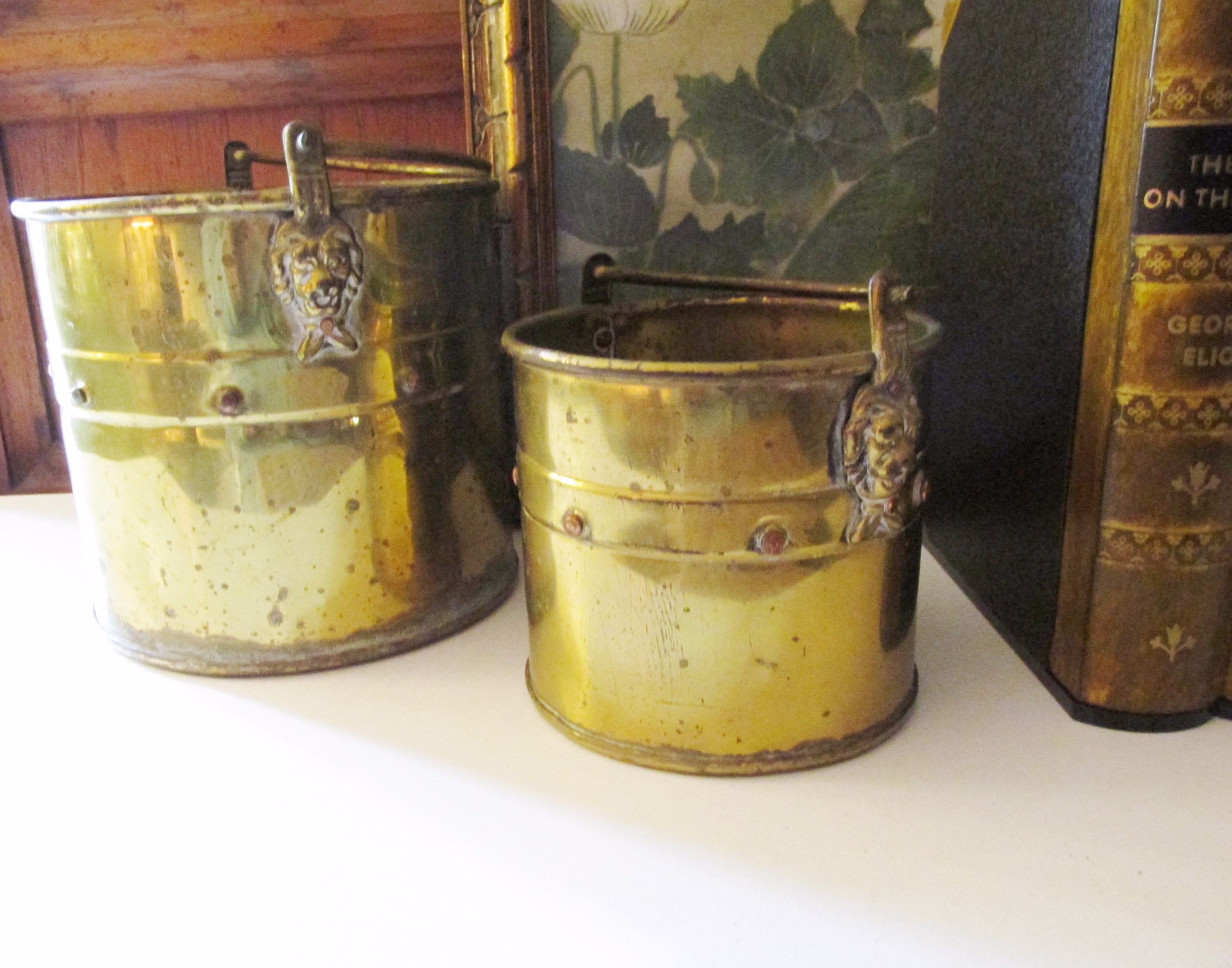 Two Vintage Brass Pails, Farmhouse Rustic Cachepots, Planters, Chinoiserie Cache Pots