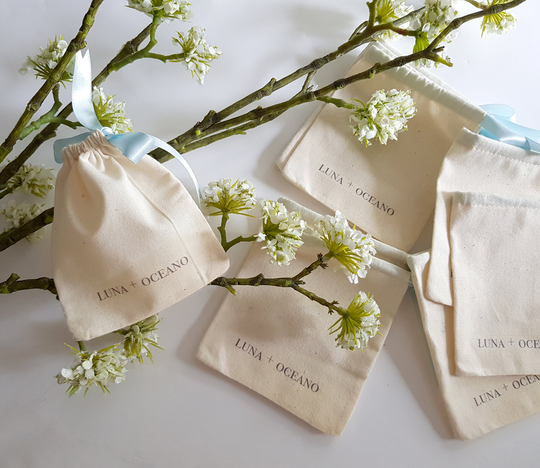 Custom Printed 100% Cotton Pouches With Eco-Satin Ribbon. Sustainable & Eco-Friendly Made Oeko-Tex Cotton