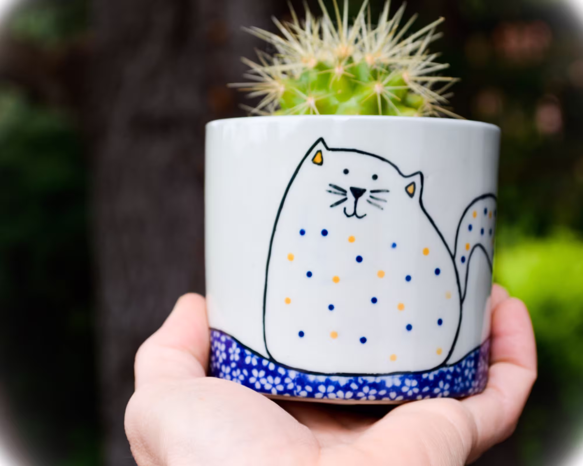 Kitty Cat Succulent Ceramic Planter Porcelain Handmade Cat Pottery Blue Pot, Lover Gift Animal Planter, Crazy Lady, Cat Plant Pot
