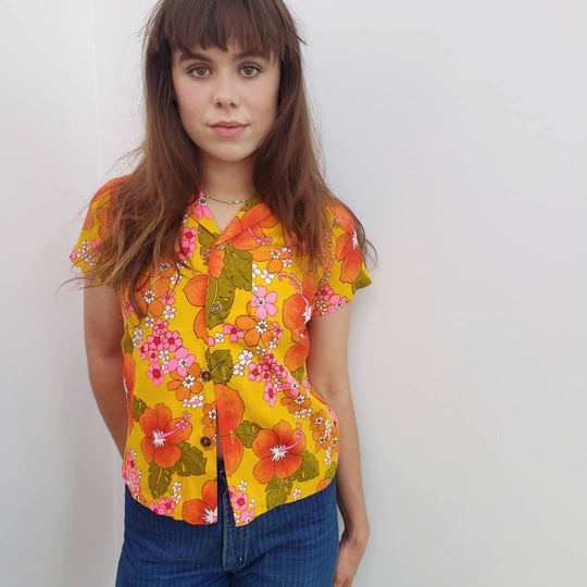 Vintage Rayon Neon Orange Floral Hibiscus Hawaiian Shirt Top Cropped 60S 70S