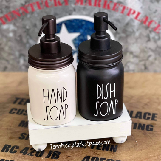 Black & Cream Soap Dispenser Set With Riser | Farmhouse Kitchen Soap Dispenser Mason Jar Powder Coated Laser Engraved