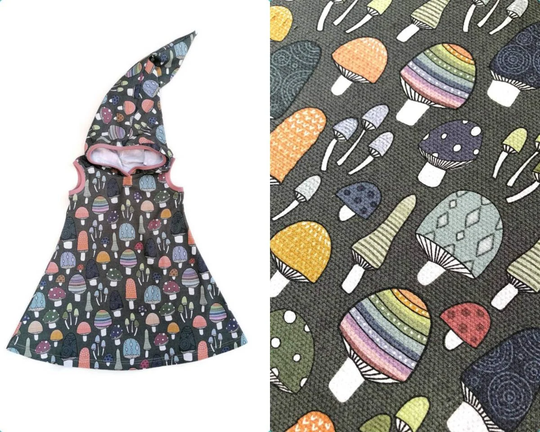Toadstool Pixie Dress, Organic Cotton Hood Handmade in The Uk, Short Or Long Sleeves, Little Forager, Fungi Print