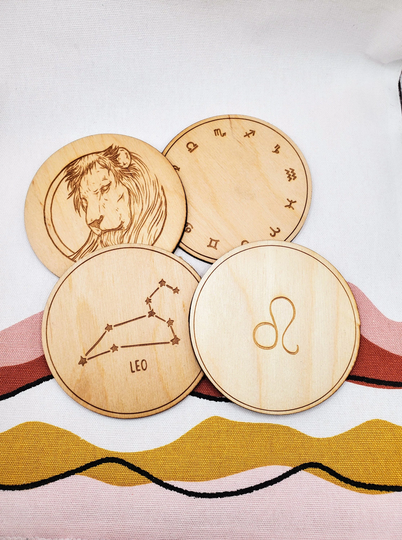 Leo Zodiac Wood Coasters Set Of 4 Gift | Astrology Gifts Present August Birthday Season