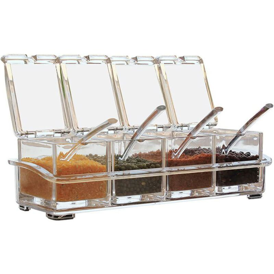 Readcly - Seasoning Box Set 4 Pieces Transparent Spice Container, Acrylic Spice Compartments, Removable Spice Jars with Lid and Spoon for Sugar,