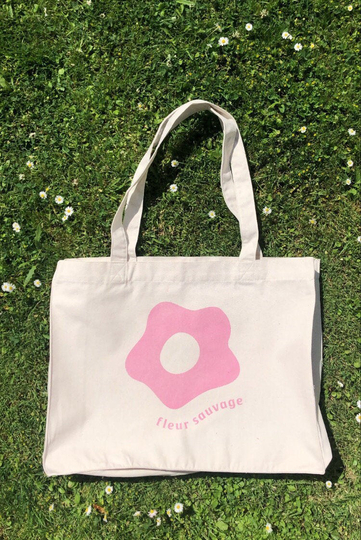 Recycled Organic Cotton Xl Tote Bag Shopper | Minimalist Flowers Graphic Eco Friendly Print Fleur Sauvage Natural Rose Pink