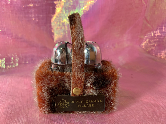 Vintage Canadian Glass Salt & Pepper Shakers in Fuzzy Basket