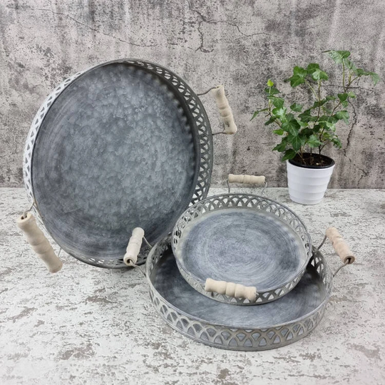 Set Of 3 Galvanised Trays - Round