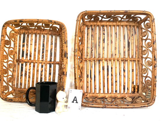 2 Rattan Tray Wall Basket Trays Burnt Bamboo Boho Baskets Serving Pair