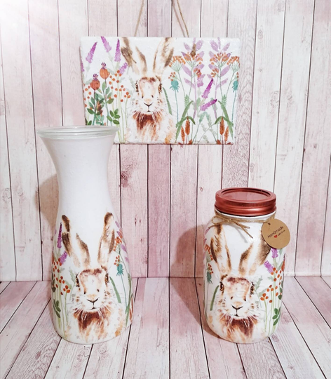 Rabbits in The Meadow Glass Vase, White Carafe Vase, Decoupage , Vase Centre Pieces