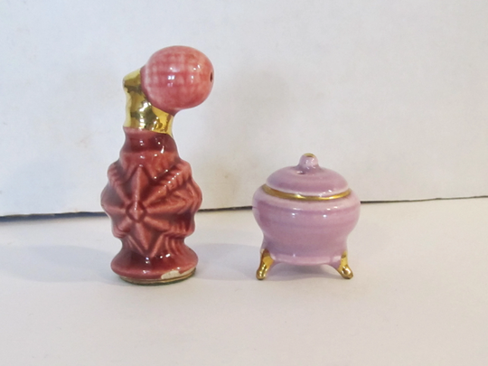Vintage Arcadia Tiny Miniature Salt & Pepper Shakers -Extremely Rare Hard To Find - Powder Box Perfume Atomizer Spray Set