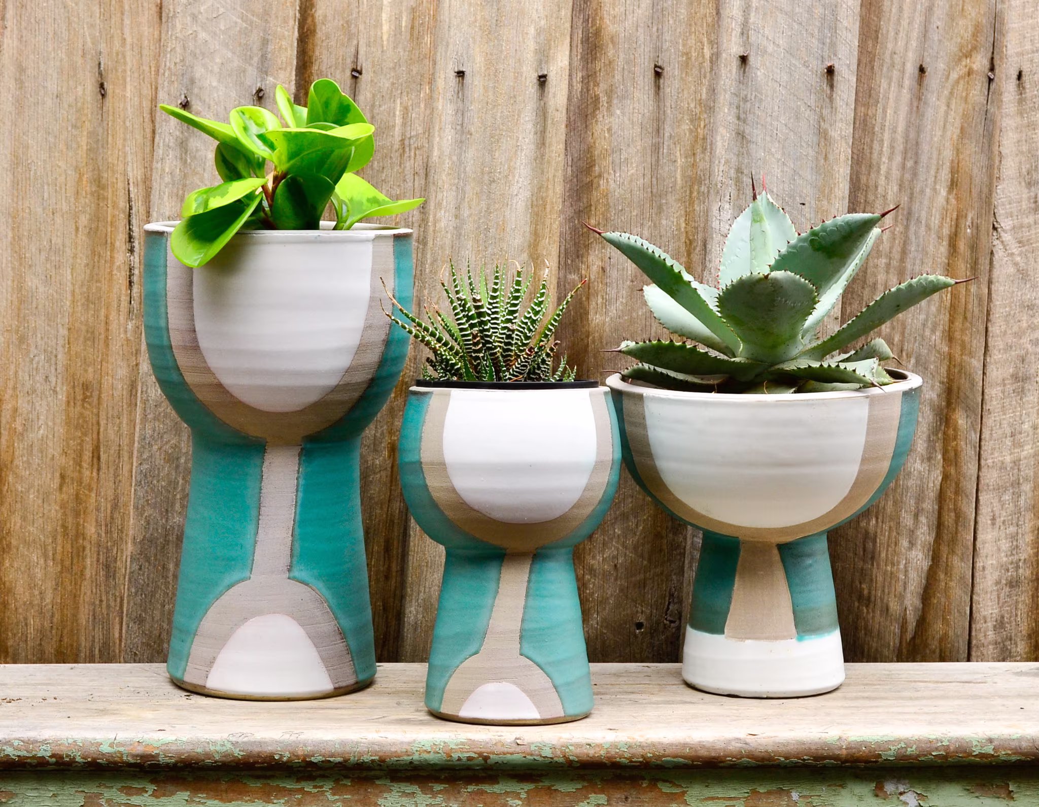 Teal & White Decorative Modern Pedestal Planters