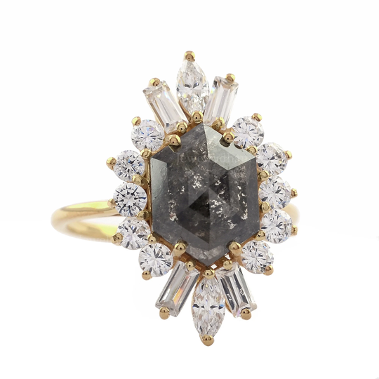 Salt & Pepper Diamond Bridal Ring Set | Baguette Prong Ring| 14K Solid Yellow Gold Certified Jewelry Mother's Day Gift